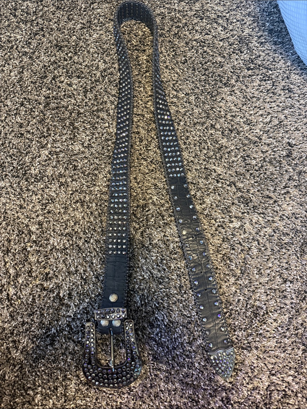 Studded Black Leather Belt with Rhinestone Buckle